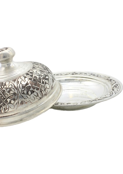 El Işlemeli Kapaklı Yuvarlak Bakır Servis Tabağı Antik Gümüş Renk 25 cm fiyatları
