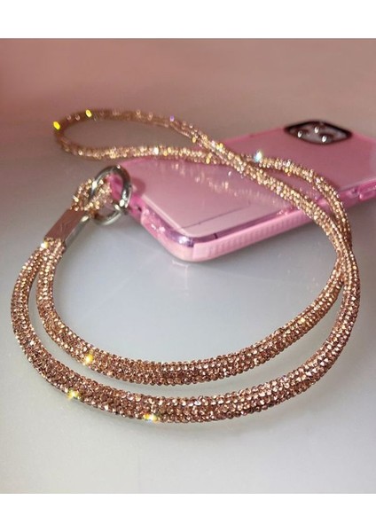 Swarovski Taşlı Parlak Rose Gold Telefon Boyun Askı Ipi