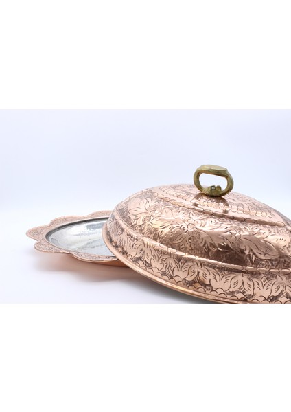 Ağır El Işlemesi Çiçek Desenli Bakır Kayık Tabak 40CM