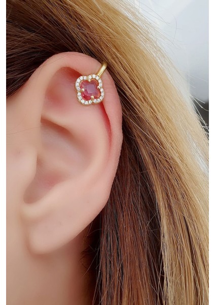 Pembe Zirkon Taşlı 925AYAR Gümüş Üzerine Altın Kaplama Italyan Sıkıştırmalı Earcuff Kıkırdak Küpesi fiyatları