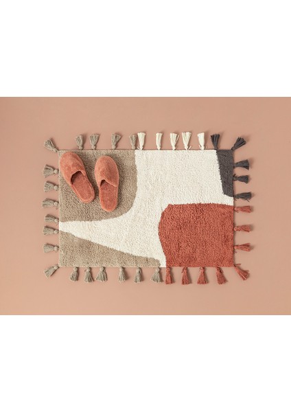 Square Pamuklu Banyo Paspası 60 x 90 cm Bej-Kiremit