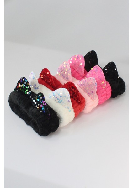 Kedi Kulaklı Peluş Bandana Saç Bandı Pul Payetli Fuşya 0-10 Yaş modelleri