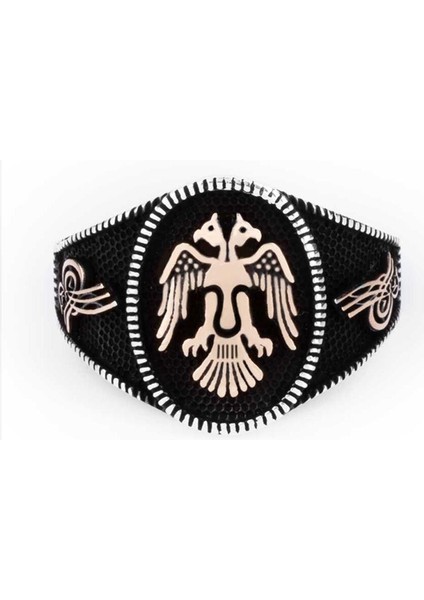 925 Ayar Gümüş Siyah Çift Kartal Başlı Yanları Tuğra Motifli Elips Model Taşsız Erkek Yüzük fiyatları