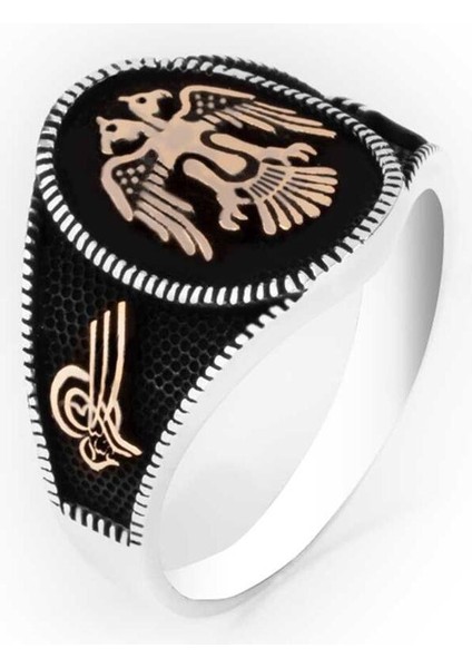 925 Ayar Gümüş Siyah Çift Kartal Başlı Yanları Tuğra Motifli Elips Model Taşsız Erkek Yüzük fırsatları