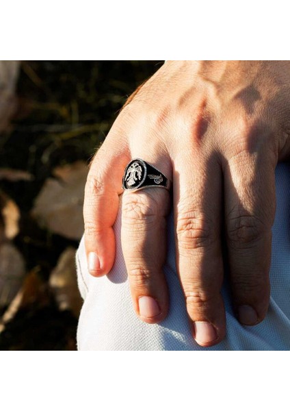 925 Ayar Gümüş Siyah Çift Kartal Başlı Yanları Tuğra Motifli Elips Model Taşsız Erkek Yüzük indirimleri
