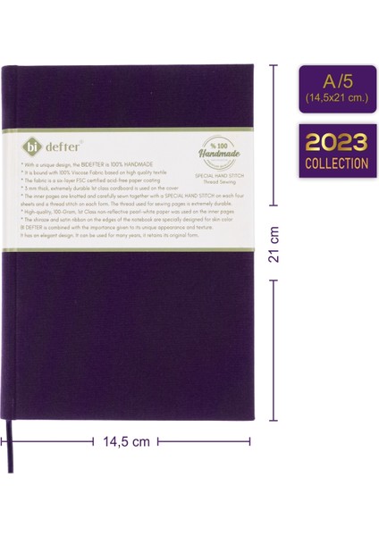 Eskiz Defteri - %100 El Yapımı, El Dikişi (Iplik Dikiş) Vinston Kumaş Ciltleme, Çizgisiz Ciltli Defter A/5 Mor