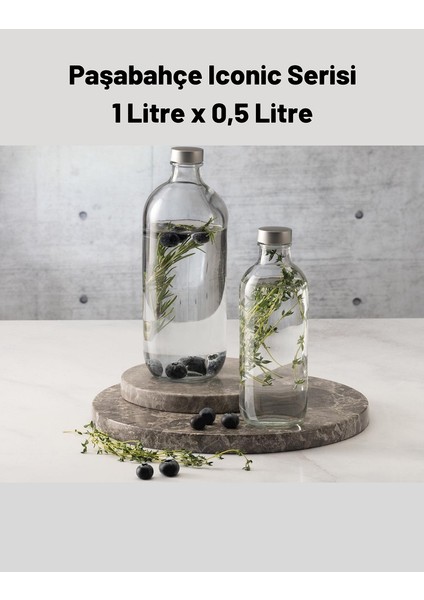 2 Boy Paşabahçe Iconic Cam Su Şişesi Yağ Limon Saklama Kabı Seti 1 Lt + 0,5 Lt