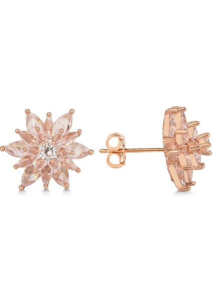 Gümüş Rose 4 Katman Lotus Çiçeği Kadın Çivili Küpe