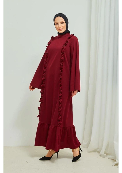 Burcu Tesettür Fırıfır Detaylı Tesettür Elbise Abaya BRC11M01 Bordo