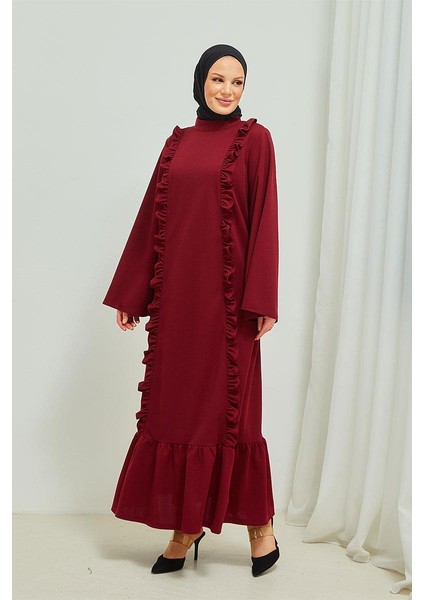 Burcu Tesettür Fırıfır Detaylı Tesettür Elbise Abaya BRC11M01 Bordo