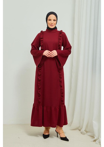 Burcu Tesettür Fırıfır Detaylı Tesettür Elbise Abaya BRC11M01 Bordo