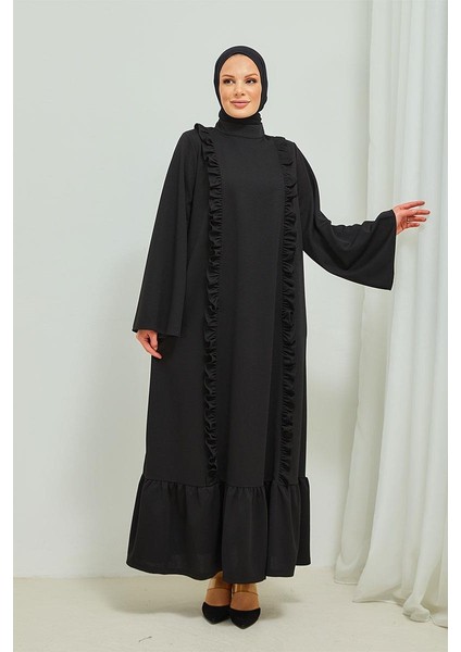 Fırıfır Detaylı Tesettür Elbise Abaya BRC11M01 Siyah