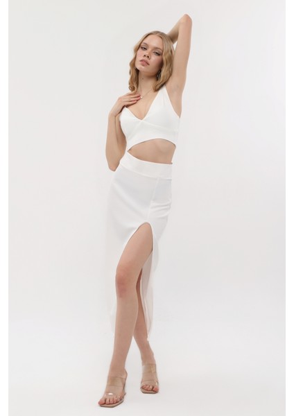 Kadın Crop Etek Takım Beyaz Renk indirimleri