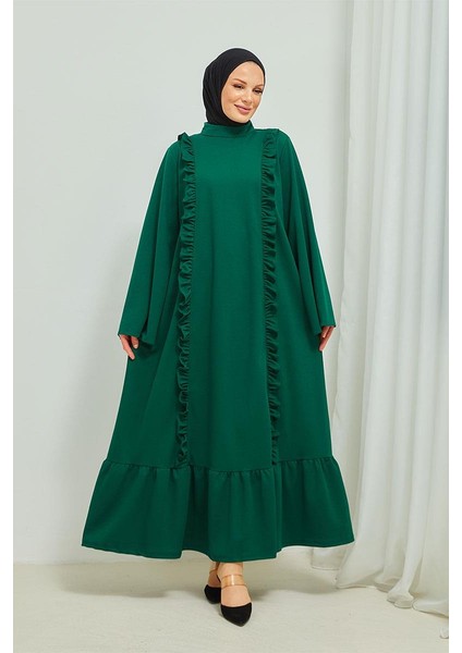 Fırıfır Detaylı Tesettür Elbise Abaya BRC11M01 Zümrüt
