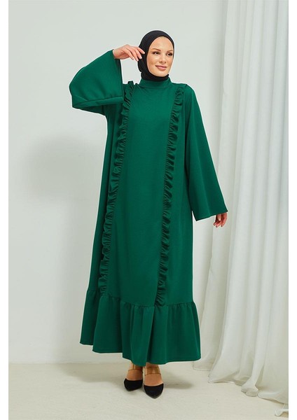 Fırıfır Detaylı Tesettür Elbise Abaya BRC11M01 Zümrüt