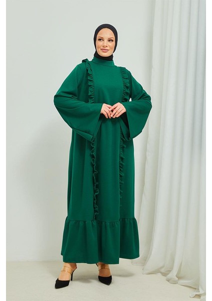Fırıfır Detaylı Tesettür Elbise Abaya BRC11M01 Zümrüt