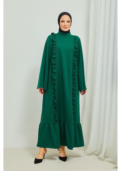Fırıfır Detaylı Tesettür Elbise Abaya BRC11M01 Zümrüt