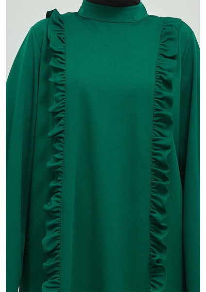Fırıfır Detaylı Tesettür Elbise Abaya BRC11M01 Zümrüt