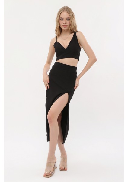 Kadın Crop Etek Takım Siyah Renk