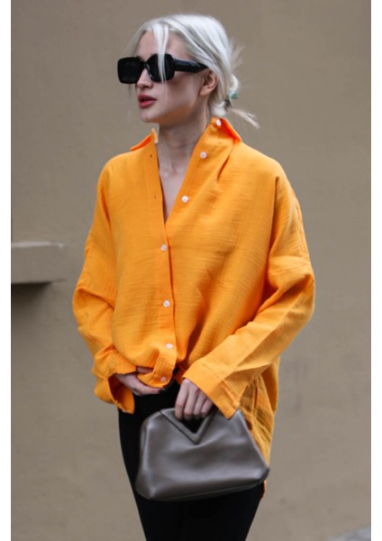 Turuncu Muslin Kumaş Basic Kadın Gömlek MG1660 fiyatları