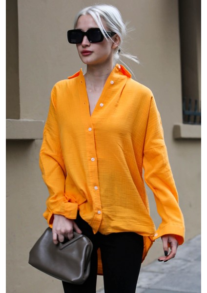 Turuncu Muslin Kumaş Basic Kadın Gömlek MG1660 indirimleri