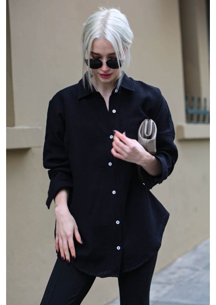 Siyah Muslin Kumaş Basic Kadın Gömlek MG1660
