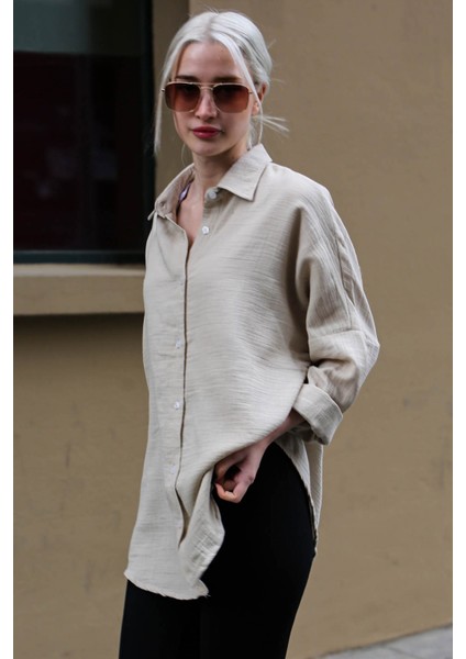 Bej Muslin Kumaş Basic Kadın Gömlek MG1660 modelleri