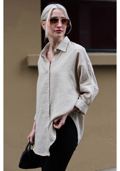 Bej Muslin Kumaş Basic Kadın Gömlek MG1660 fırsatları