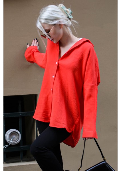 Kırmızı Muslin Kumaş Basic Kadın Gömlek MG1660