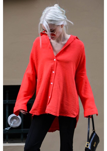 Kırmızı Muslin Kumaş Basic Kadın Gömlek MG1660 fiyatları