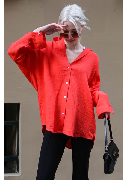 Kırmızı Muslin Kumaş Basic Kadın Gömlek MG1660 indirimleri