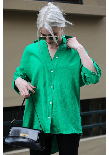 Yeşil Muslin Kumaş Basic Kadın Gömlek MG1660 modelleri