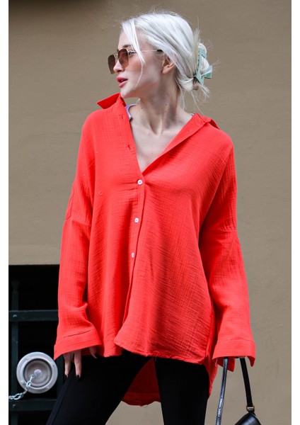 Kırmızı Muslin Kumaş Basic Kadın Gömlek MG1660
