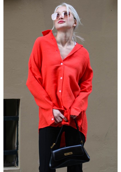 Kırmızı Muslin Kumaş Basic Kadın Gömlek MG1660
