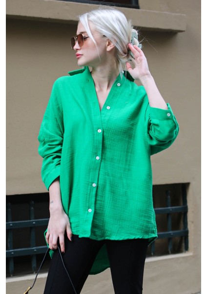 Yosun Yeşili Muslin Kumaş Basic Kadın Gömlek MG1660 fiyatları