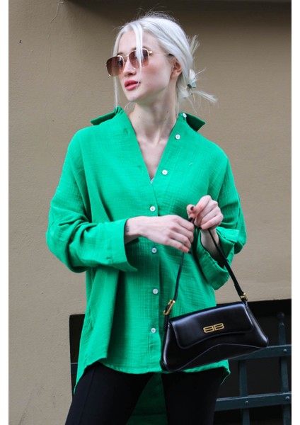 Yosun Yeşili Muslin Kumaş Basic Kadın Gömlek MG1660