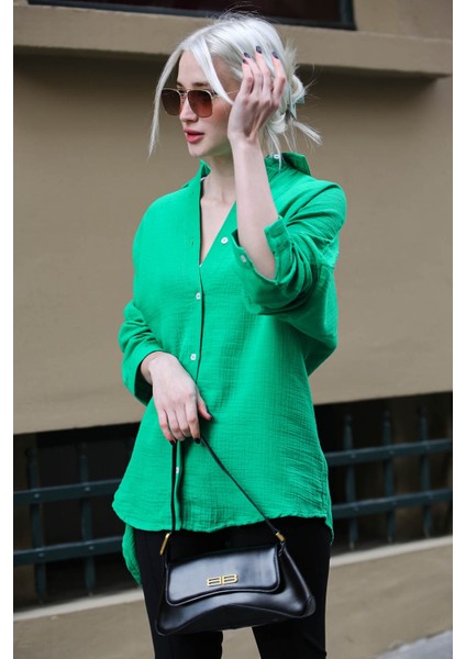 Yosun Yeşili Muslin Kumaş Basic Kadın Gömlek MG1660 modelleri