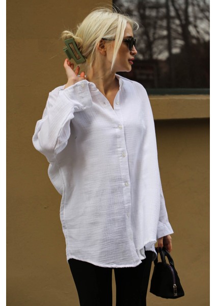Beyaz Muslin Kumaş Basic Kadın Gömlek MG1660