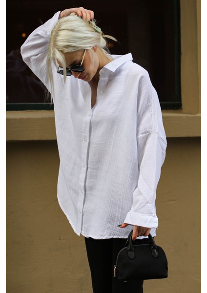 Beyaz Muslin Kumaş Basic Kadın Gömlek MG1660 fiyatları