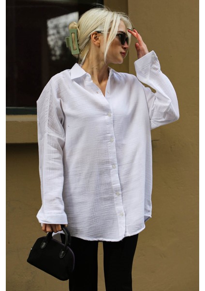 Beyaz Muslin Kumaş Basic Kadın Gömlek MG1660 fırsatları