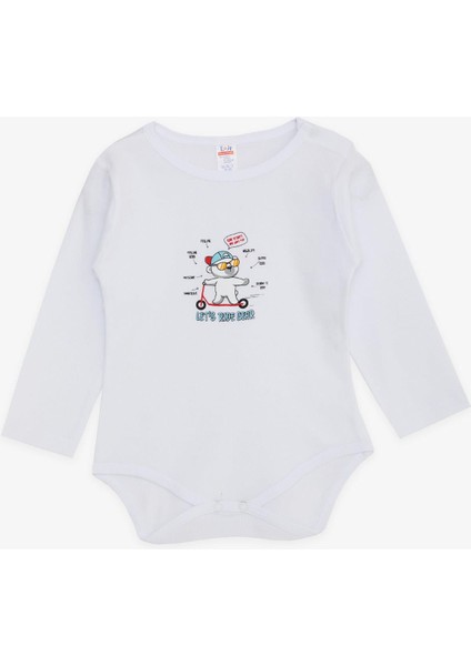 Erkek Bebek Çıtçıtlı Zıbın Body Gözlüklü Ayıcık Baskılı 9 Ay-3 Yaş, Beyaz