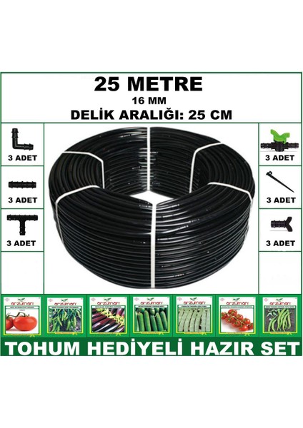 25 Metre 25 Cm Delikli Hazır Set Damla Sulama Hortumu + Tohum