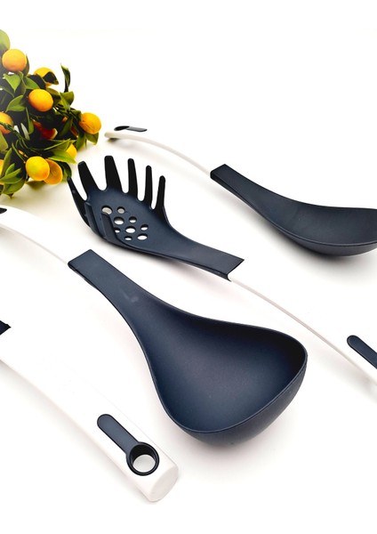 Teflon Yanmaz Servis Kepçe Kaşık Seti 4 Parça Beyaz Siyah Renk Çizdirmez Çeyiz Seti fiyatları