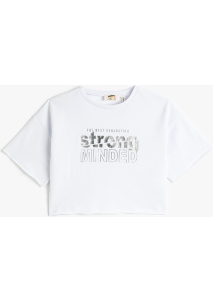 Crop Oversize Tişört Baskılı Kısa Kollu Bisiklet Yaka Pamuklu