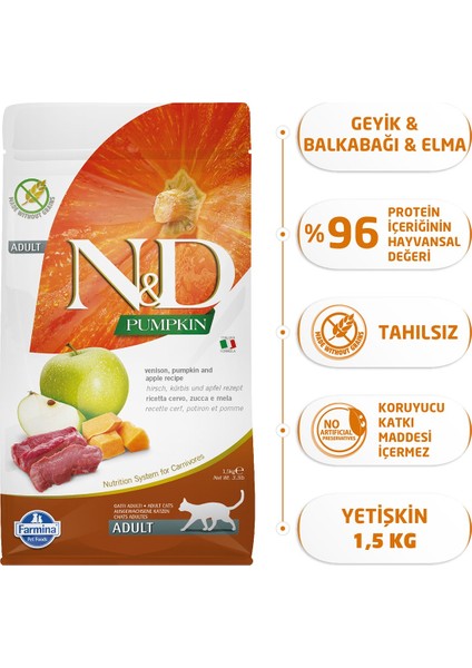 Pumpkin Kedi Tahılsız Geyik Etli Bal Kabaklı ve Elmalı Yetişkin Kedi Maması 1,5 kg