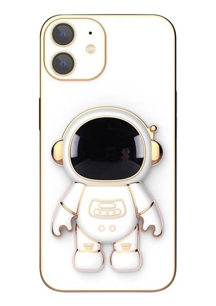 Apple iPhone 11 Kılıf Kamera Korumalı Astronot Desenli Standlı Silikon Beyaz