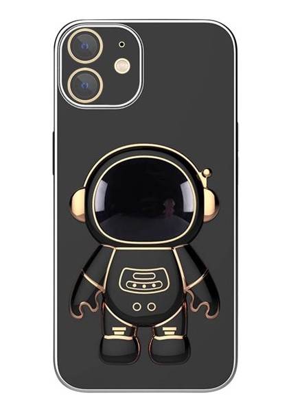 Casestreet Apple iPhone 12 Kılıf Kamera Korumalı Astronot Standlı Desenli Standlı Silikon Siyah