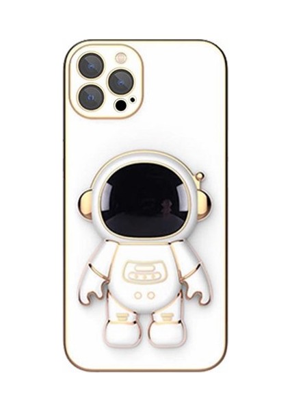 Apple iPhone 12 Pro Max Kılıf Kamera Korumalı Astronot Standlı Desenli Standlı Silikon Beyaz