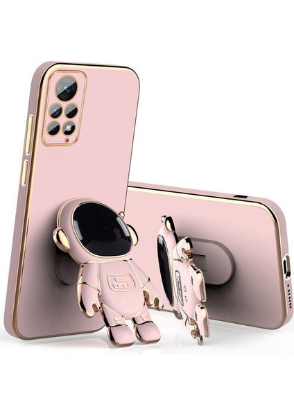 Xiaomi Redmi Note 11 Pro Kılıf Kamera Korumalı Astronot Standlı Desenli Standlı Silikon Pembe