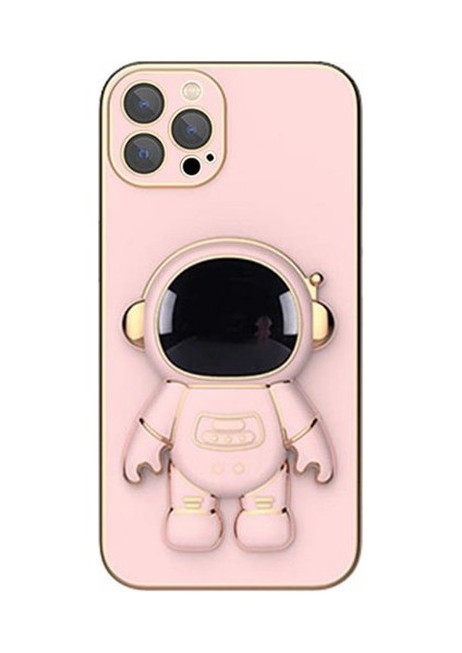 Apple iPhone 13 Pro Max Kılıf Kamera Korumalı Astronot Standlı Desenli Standlı Silikon Pembe